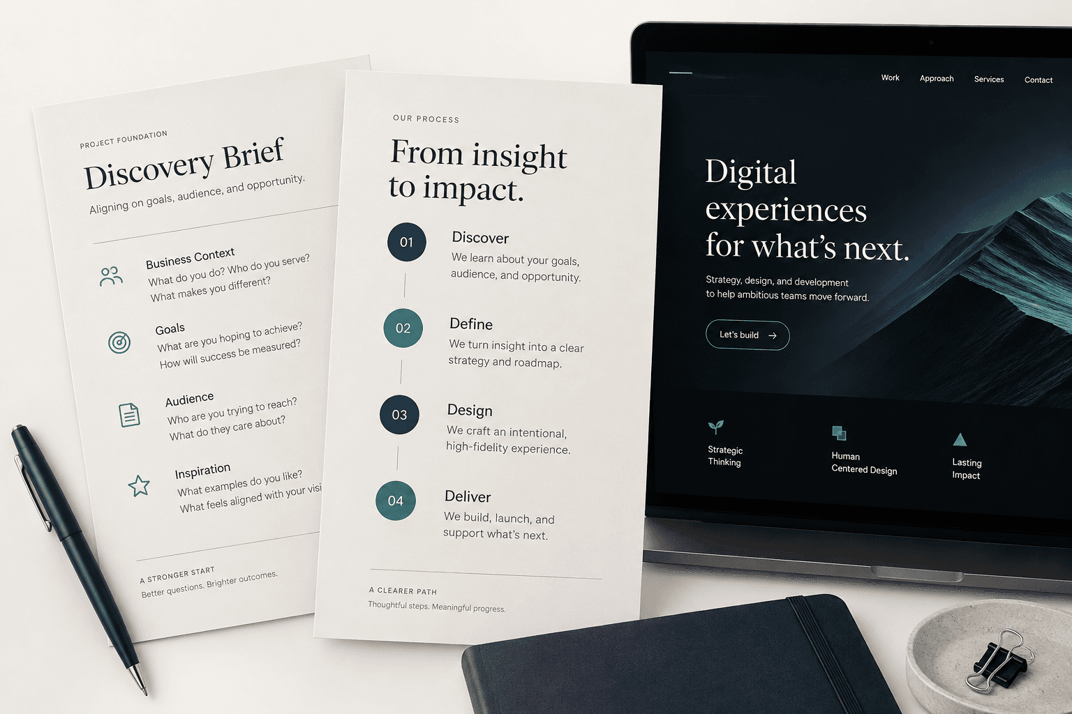Illustrative concept of a discovery brief, process plan, and website interface